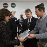 John Danko exhibits a 3-D printed pattern to SBA Adminstrator Contreras-Sweet and Howard County Exectutive Allan Kittleman